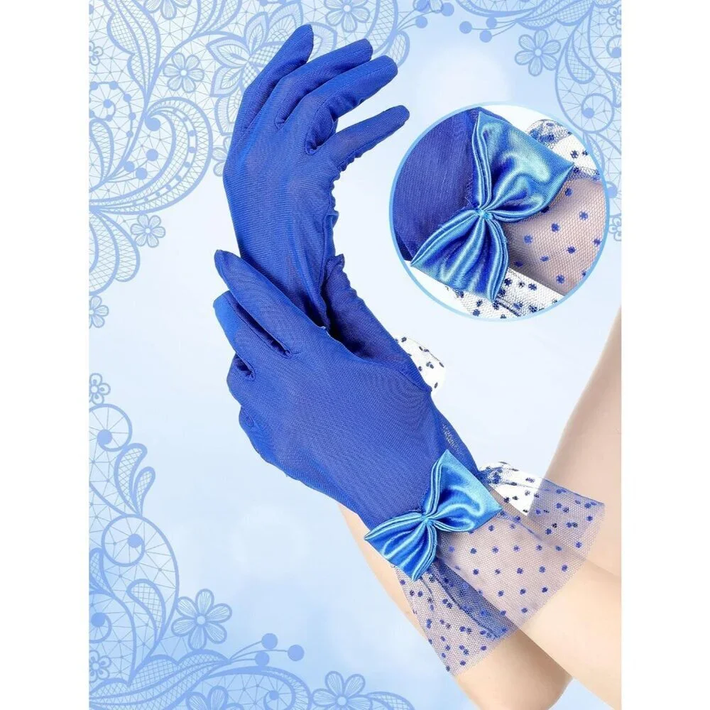 Women's Short Blue Bow Lace Gloves Tea Party Elegant Opera Wedding Accessories